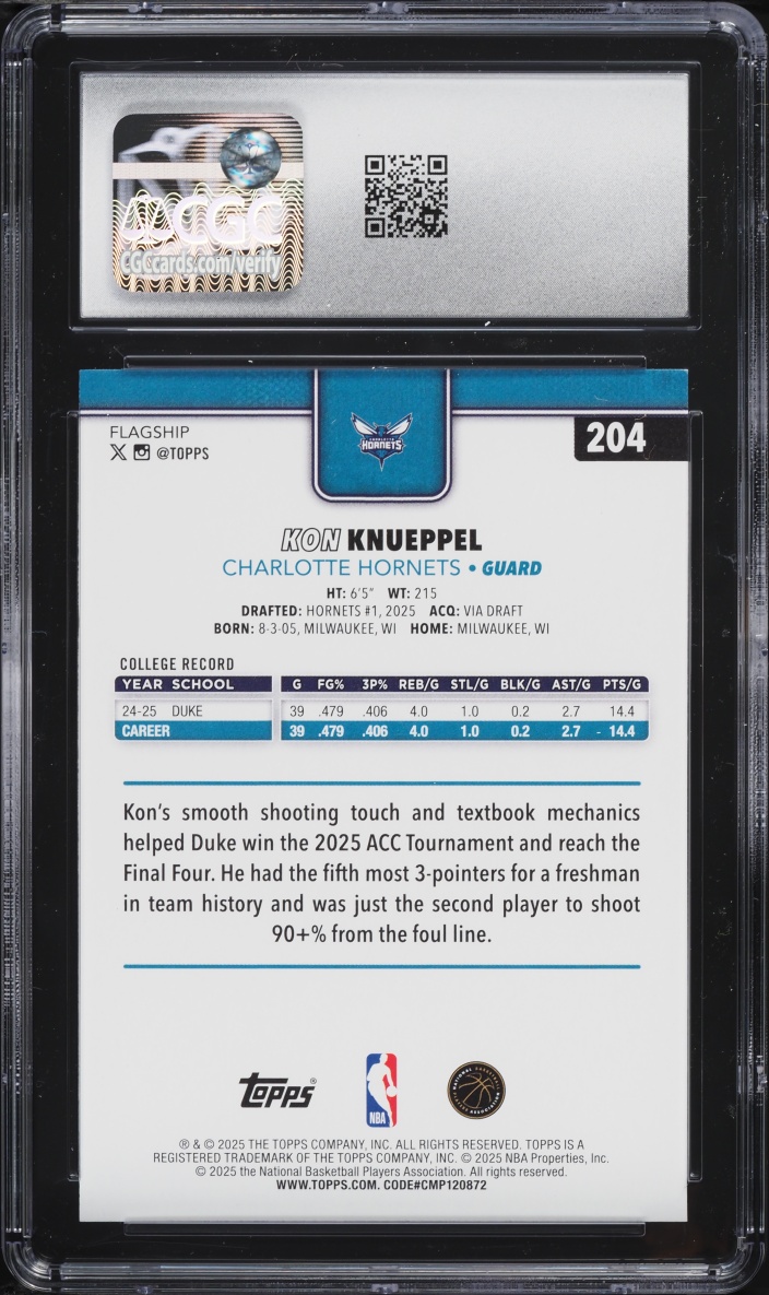 2025 Topps Season Tip Off Kon Knueppel ROOKIE #204 CGC 8.5 NM-MT+