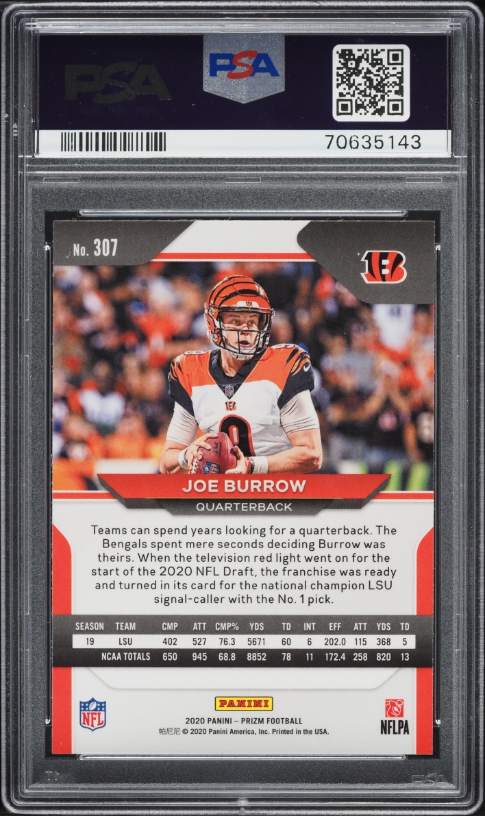 2020 Panini Prizm Joe Burrow ROOKIE #307 PSA 9 MINT