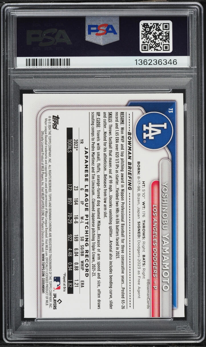 2024 Bowman Chrome Gold Refractor Yoshinobu Yamamoto ROOKIE /50 #73 PSA 10 GEM MINT - Photo 2