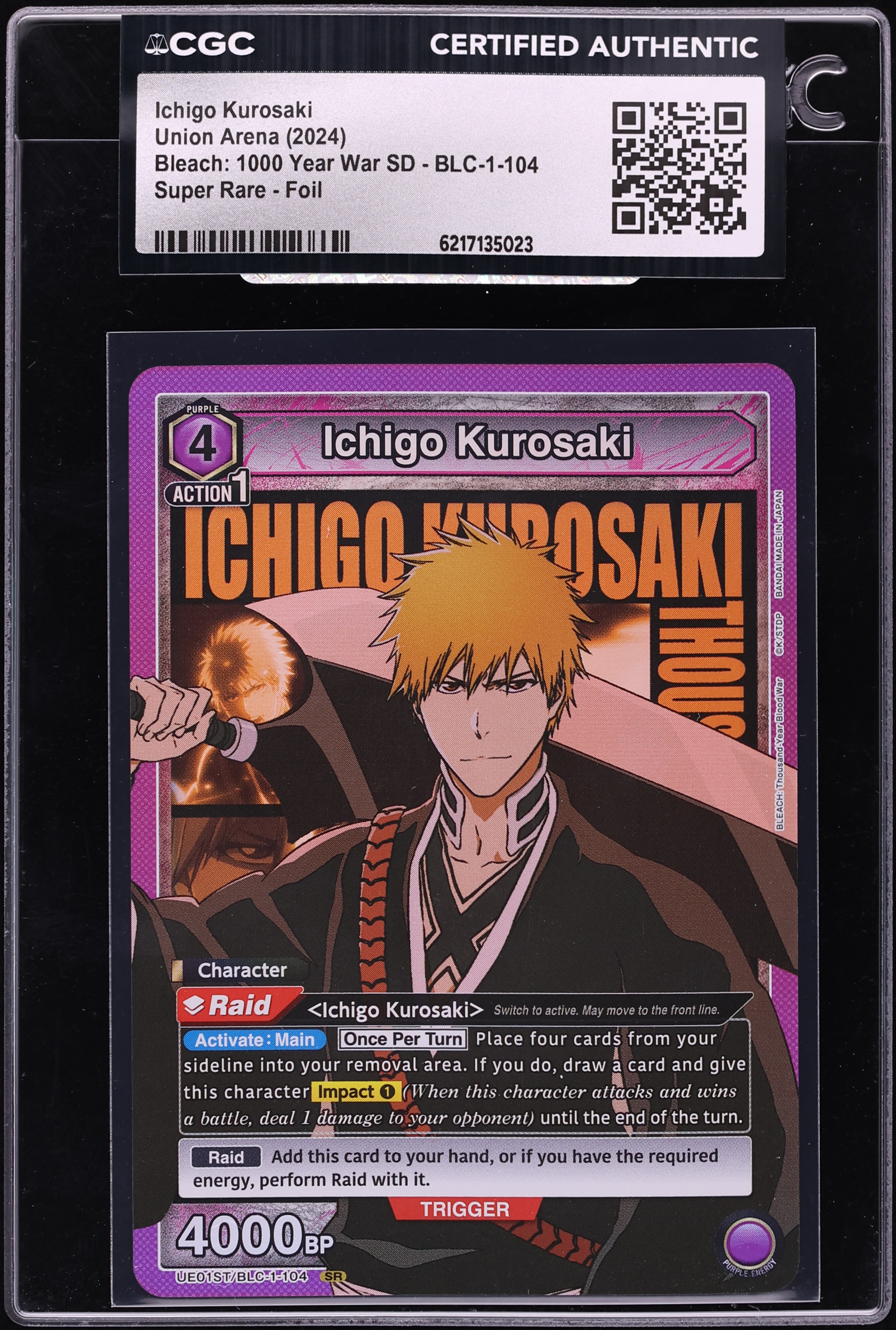 2024 Union Arena Bleach 1000 Year War SD Foil Ichigo Kurosaki SR #BLC-1-104 CGC AUTH
