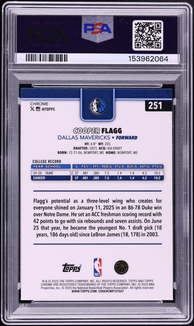 2025 Topps Chrome Xfractor Cooper Flagg ROOKIE #251 PSA 10 GEM MINT