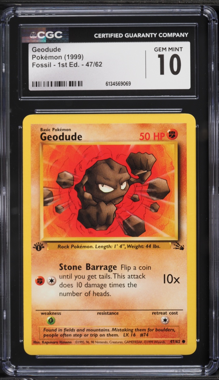1999 Pokemon Fossil 1st Edition Geodude #47 CGC 10 GEM MINT