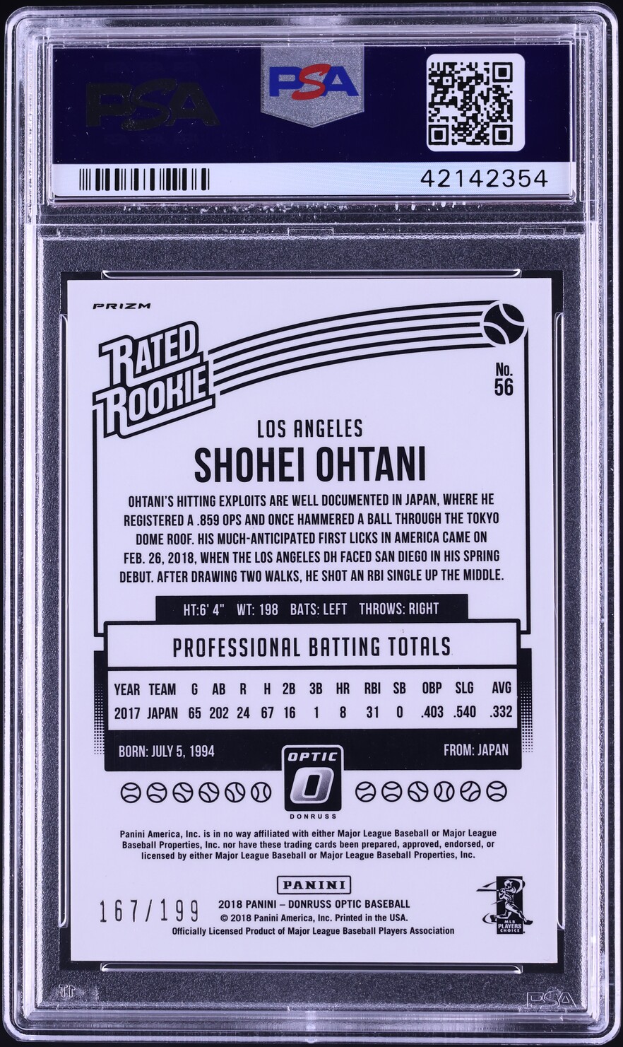 2018 Donruss Optic Variation Orange Shohei Ohtani ROOKIE /199 #56 PSA 10 GEM