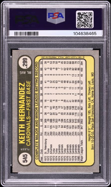 1981 Fleer Keith Hernandez #545 PSA 10 GEM MINT