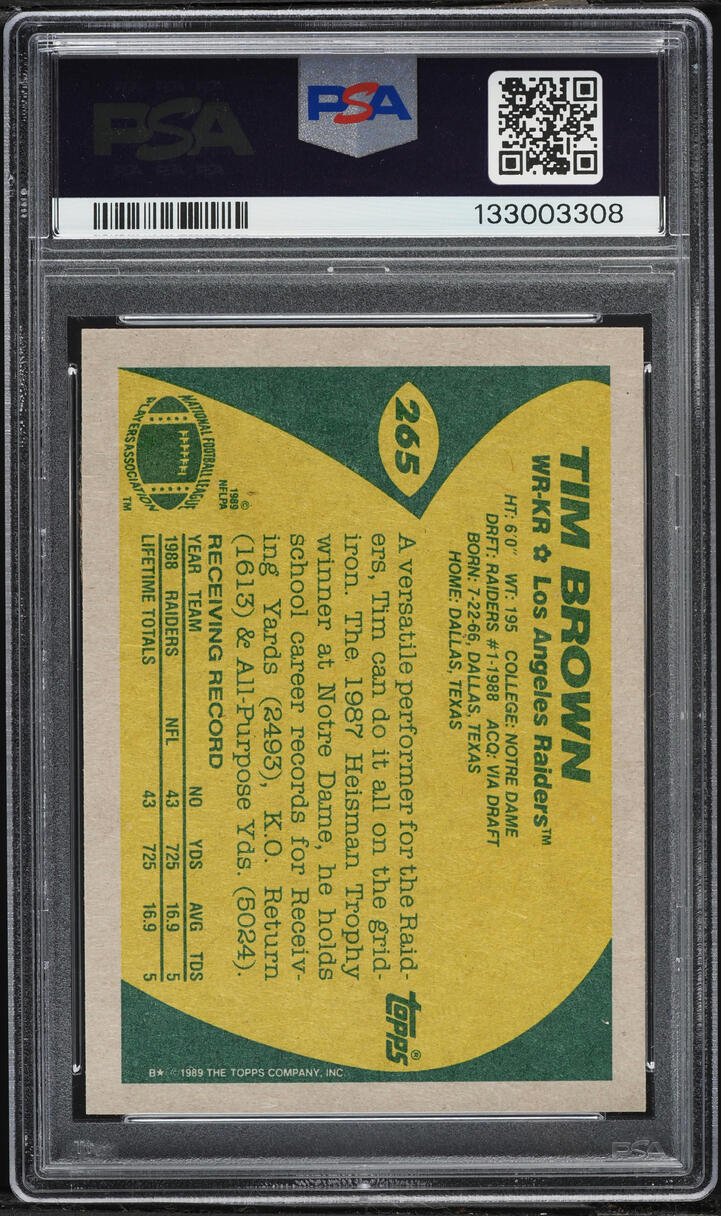 1989 Topps Football Tim Brown ROOKIE #265 PSA 7 NRMT