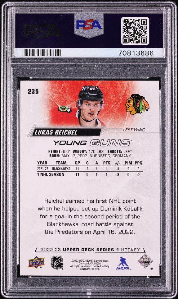 2022 Upper Deck Young Guns Lukas Reichel ROOKIE #235 PSA 8 NM-MT