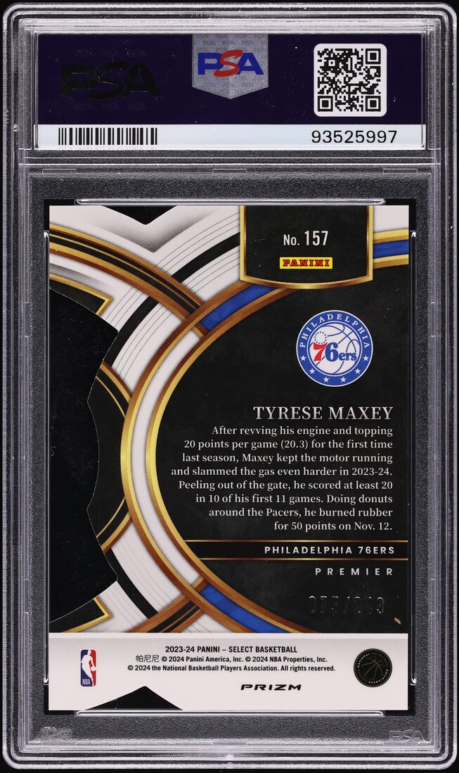 2023 Select Premier Blue Prizm Die-Cut Tyrese Maxey /249 #157 PSA 10 GEM MINT