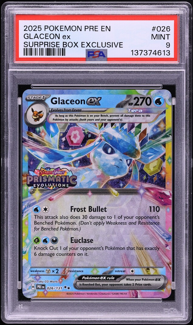 2025 Pokemon SV Prismatic Evolutions Surprise Box Exclusive Holo Glaceon ex #26 PSA 9 MINT