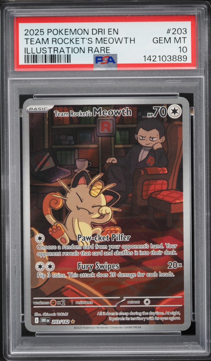 2025 Pokemon Scarlet & Violet Destined Rivals IR Team Rocket's Meowth #203 PSA 10 GEM MINT