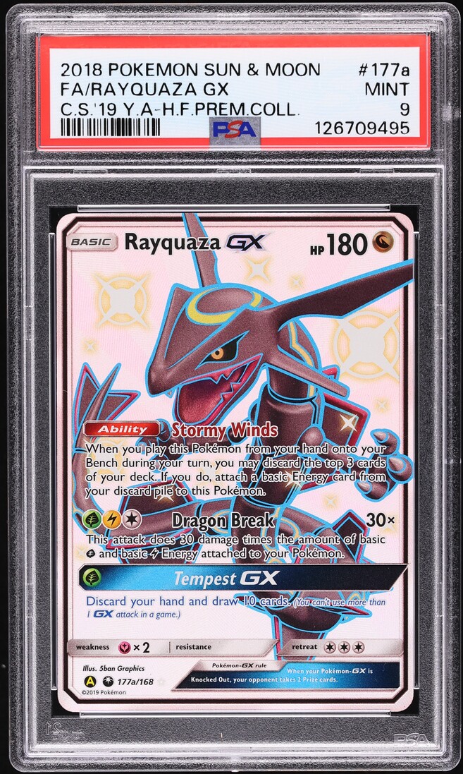 2018 Pokemon SM Hidden Fates Premium Collection Full Art Rayquaza GX #177a PSA 9 MINT
