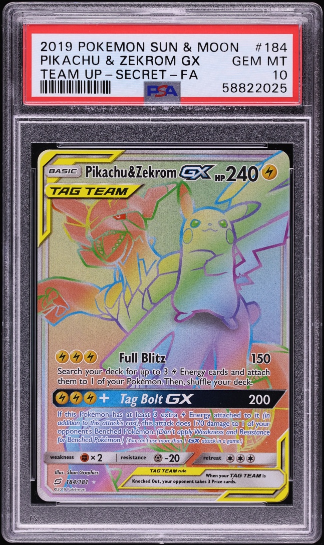 2019 Pokemon Sun & Moon Team Up Rainbow Rare Pikachu & Zekrom GX #184 PSA 10 GEM MINT