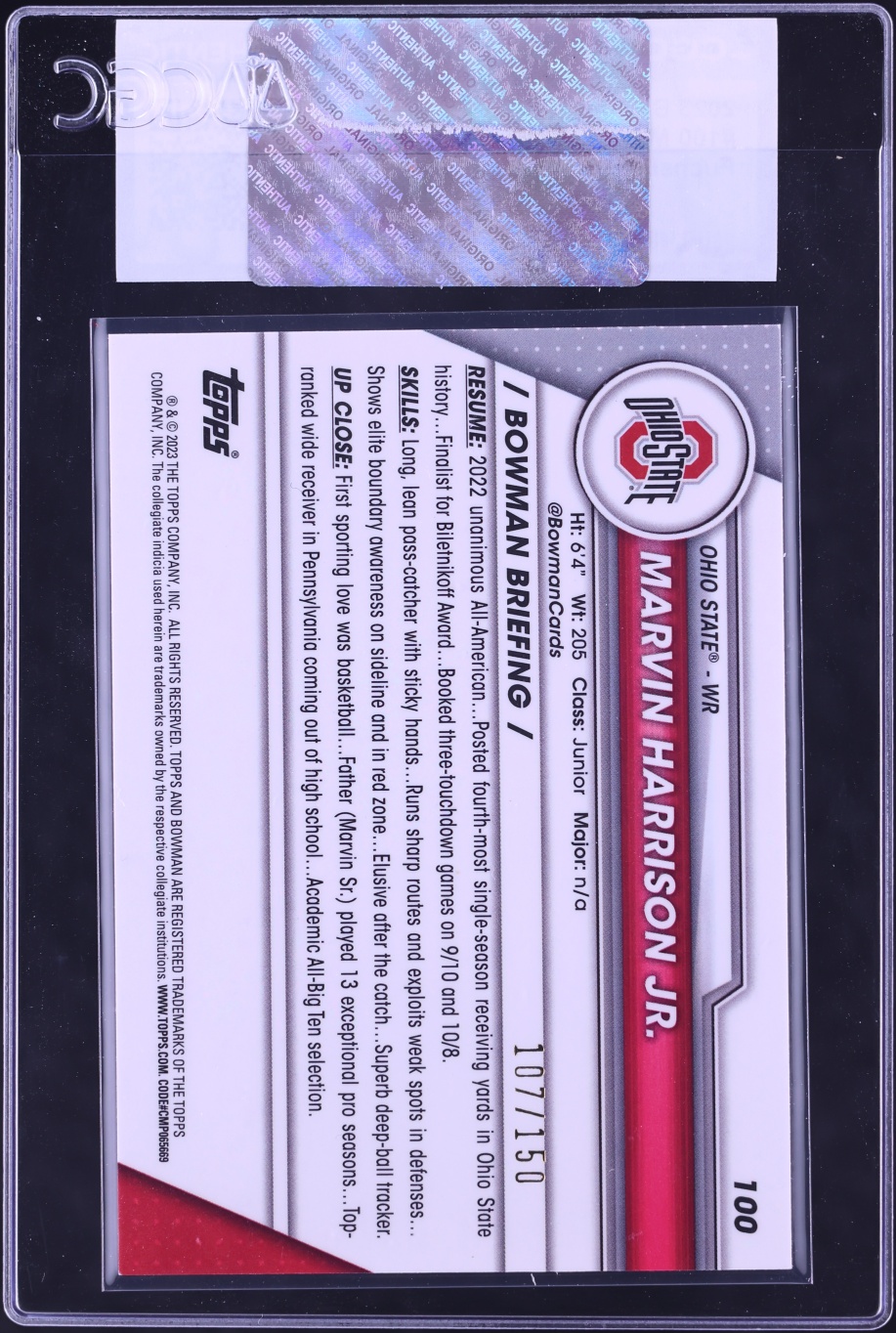 2023 Bowman Chrome University Fuchsia Mini-Diamond Ref Marvin Harrison Jr. /150 #100 CGC AUTH
