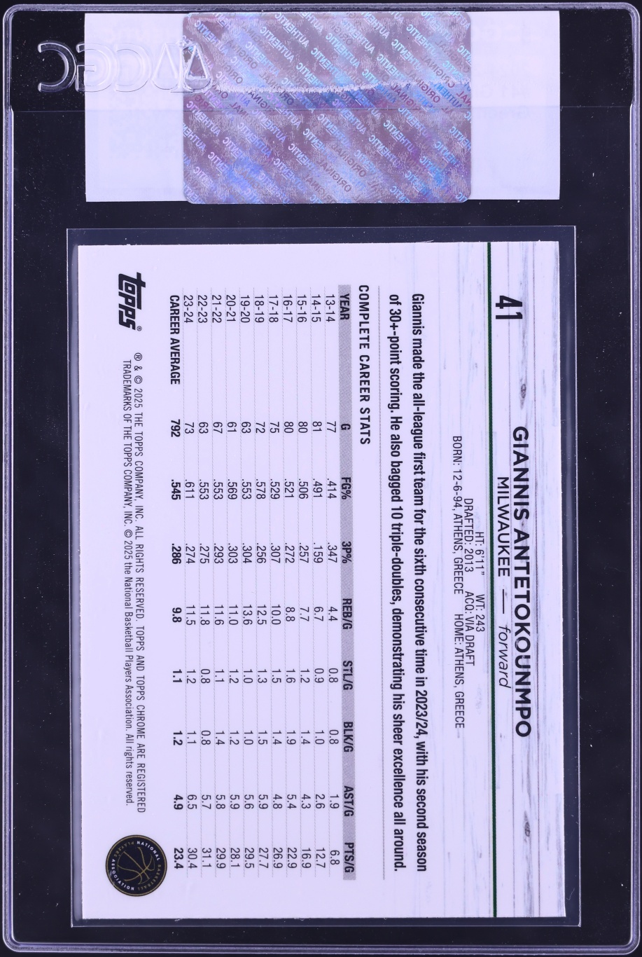 2024 Topps Chrome Green Wave Refractor Giannis Antetokounmpo /65 #41 CGC AUTH