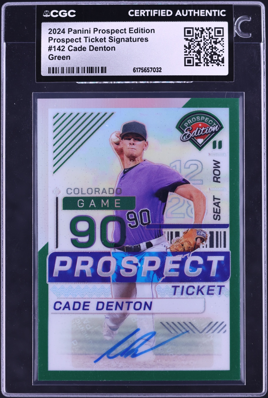 2024 Panini Prospect Edition Ticket Green Cade Denton AUTO #142 CGC AUTH