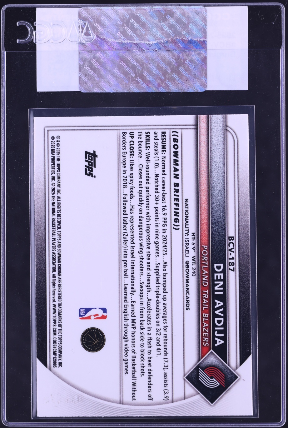 2025 Bowman Chrome Mega Box Burgundy Deni Avdija /275 #BCV-187 CGC AUTH