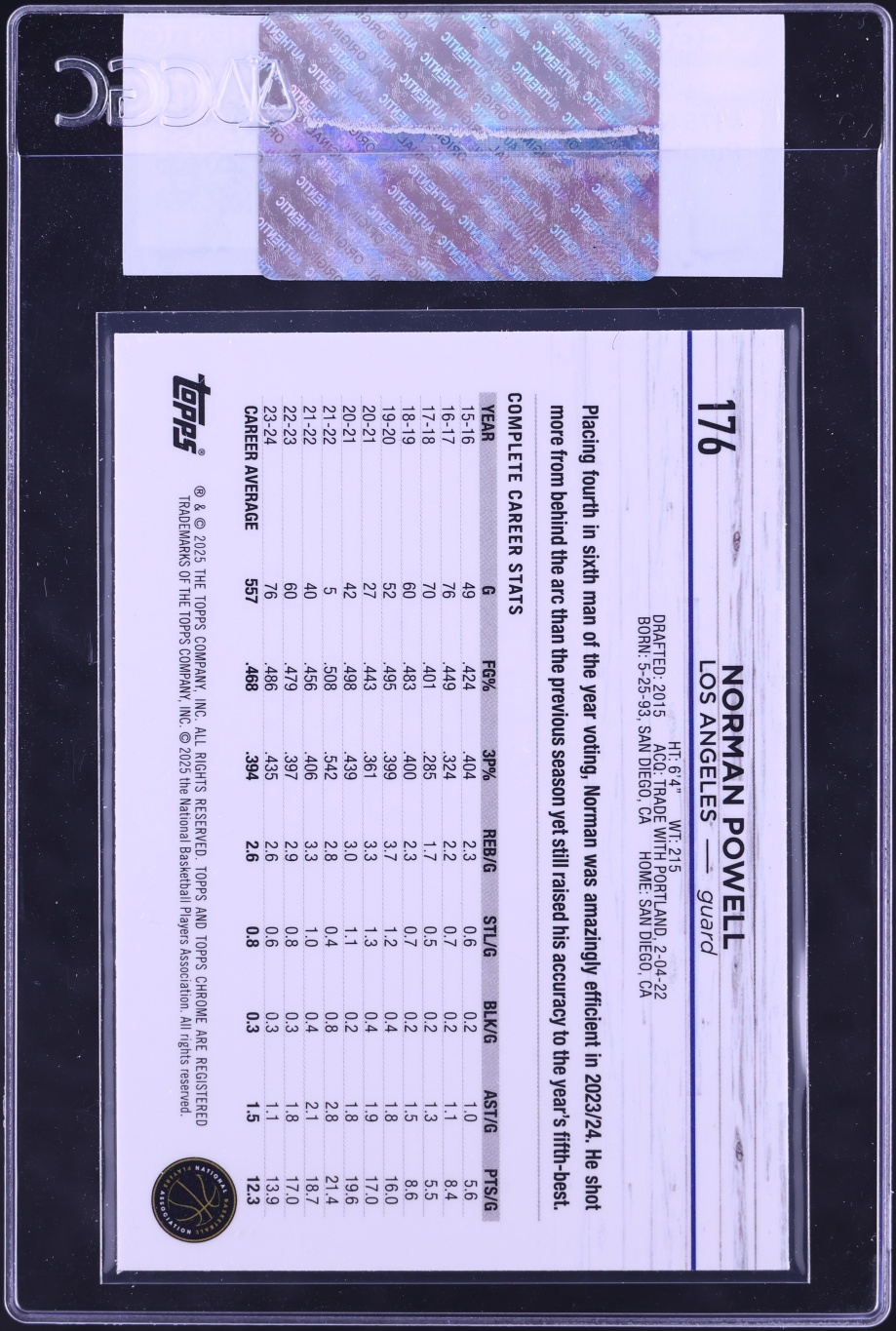 2024 Topps Chrome Purple Speckle Refractor Norman Powell /299 #176 CGC AUTH