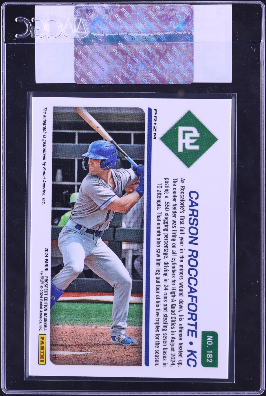 2024 Panini Prospect Edition Ticket Green Prizm Carson Roccaforte ROOKIE AUTO #182 CGC AUTH