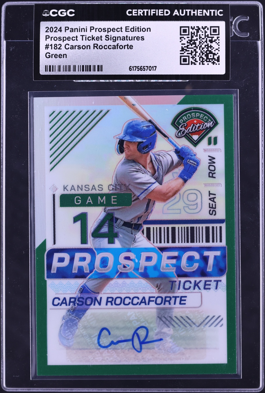 2024 Panini Prospect Edition Ticket Green Prizm Carson Roccaforte ROOKIE AUTO #182 CGC AUTH