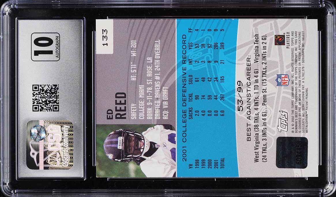 2002 Bowman's Best Gold Ed Reed ROOKIE AUTO /99 #133 CSG 8.5 NM-MT+