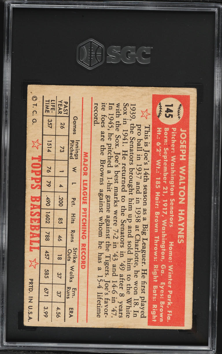 1952 Topps Joe Haynes #145 SGC 2 GD