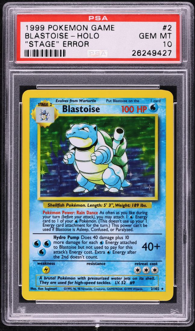 1999 Pokemon Base Set Stage Error Holo Blastoise #2 PSA 10 GEM MINT