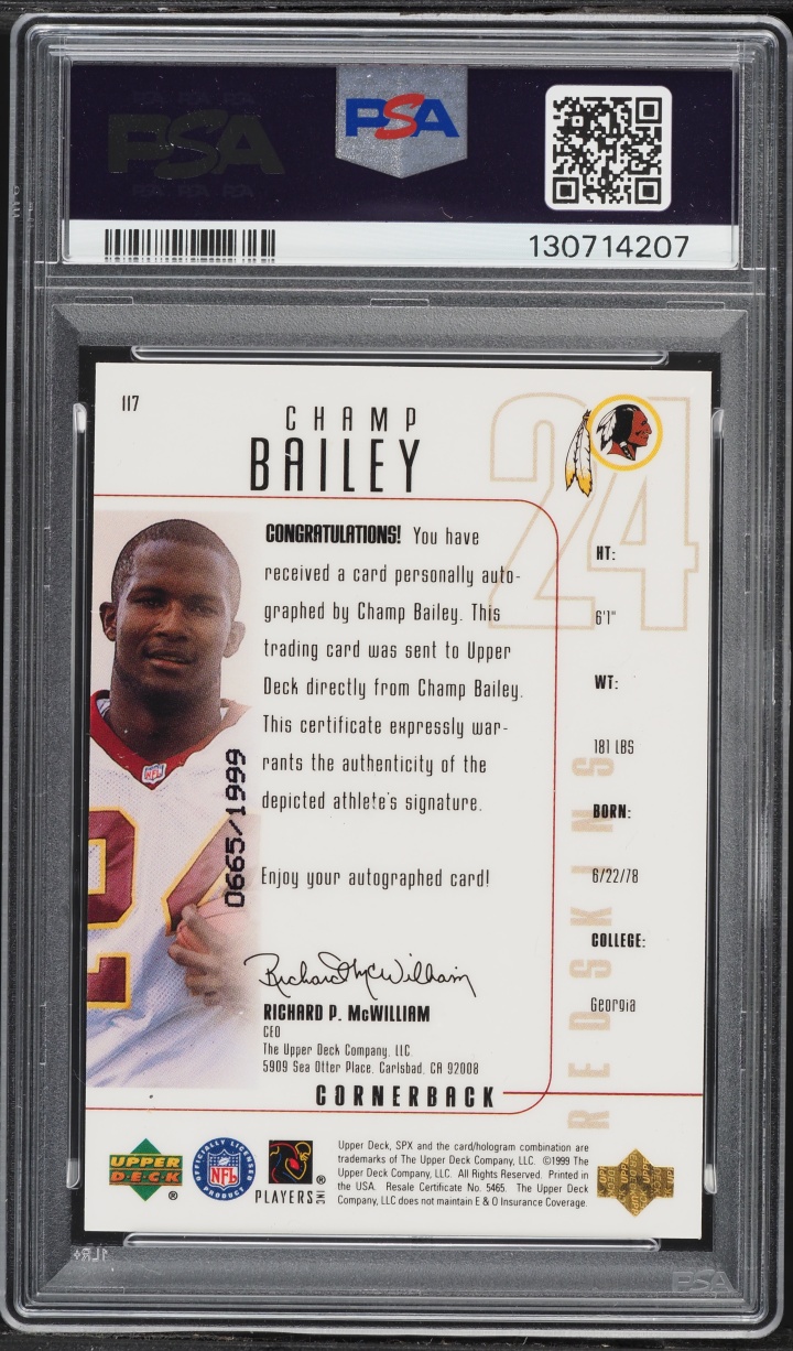 1999 SPx Football Champ Bailey ROOKIE AUTO DNA 7 /1999 #117 PSA 8 NM-MT