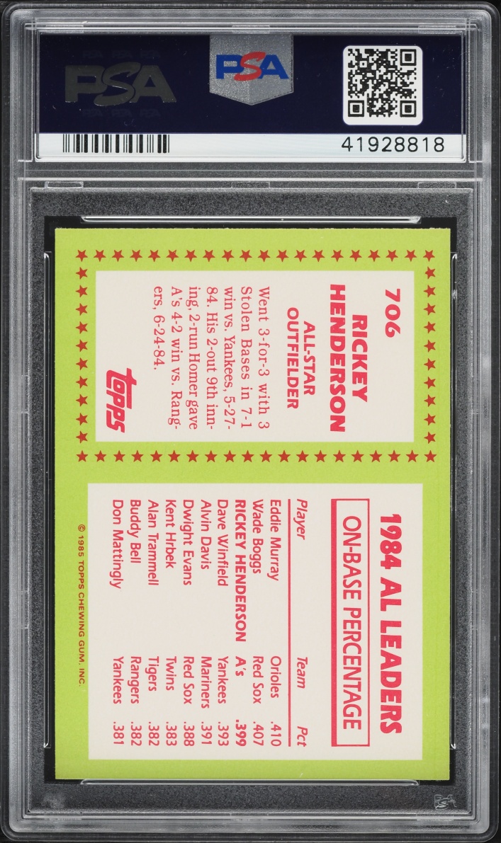 1985 Topps Tiffany Rickey Henderson #706 PSA 9 MINT