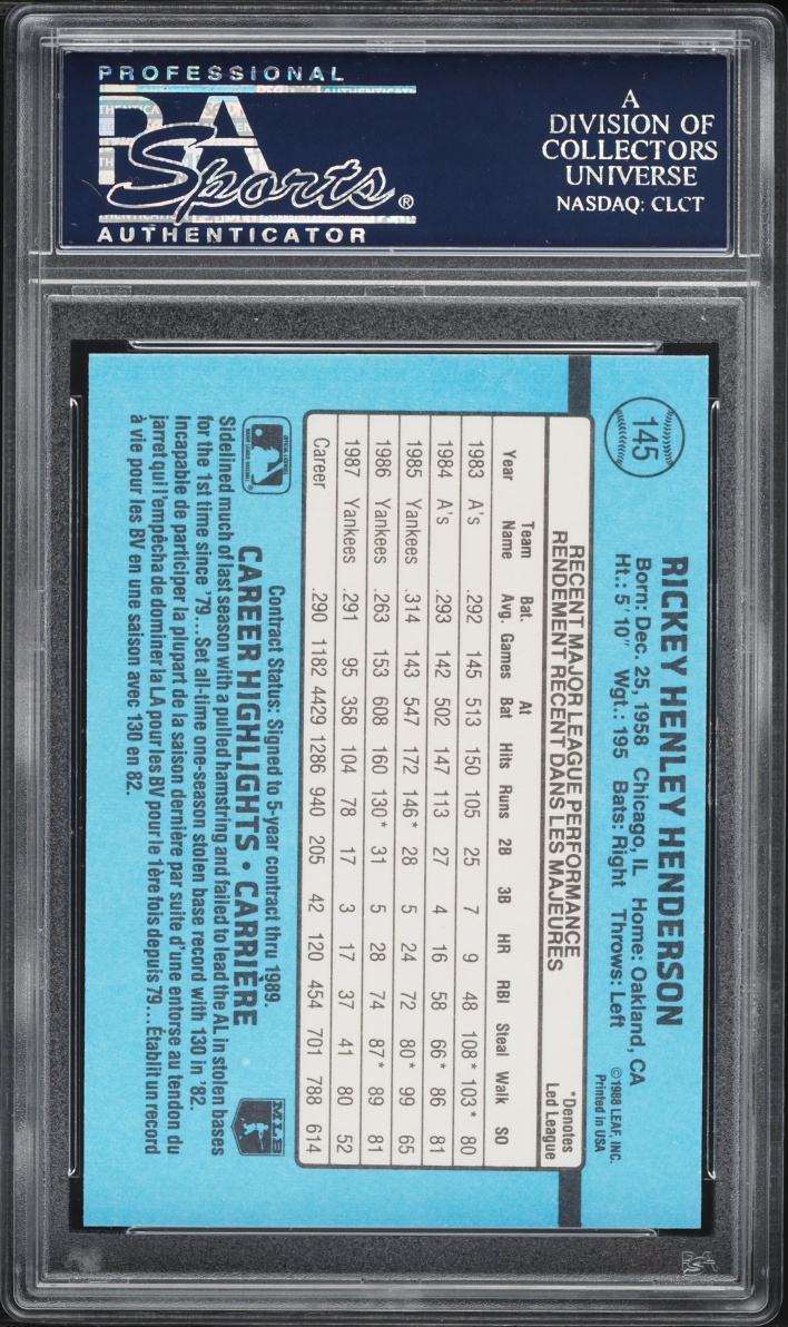 1988 Leaf Rickey Henderson #145 PSA 9 MINT