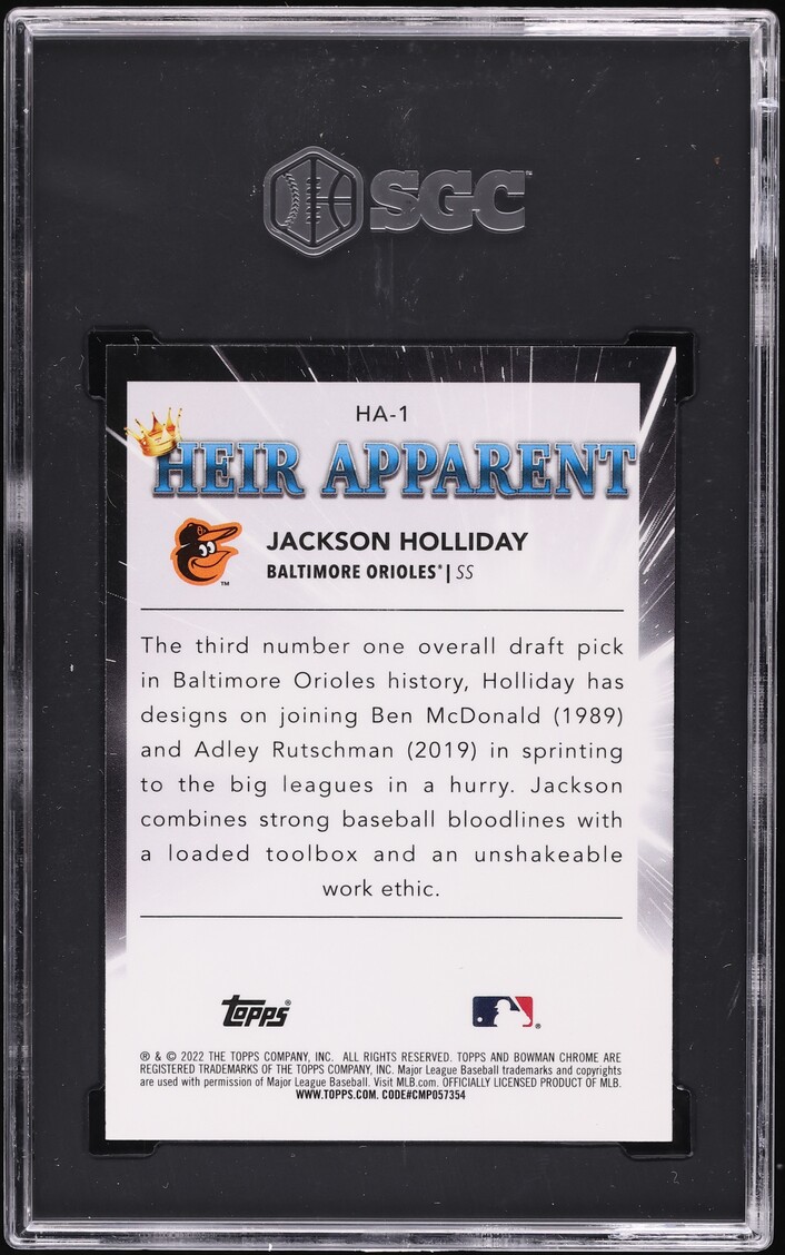 2022 Bowman Chrome Draft Heir Apparent Jackson Holliday PROSPECT #HA-1 SGC 10 GEM MINT