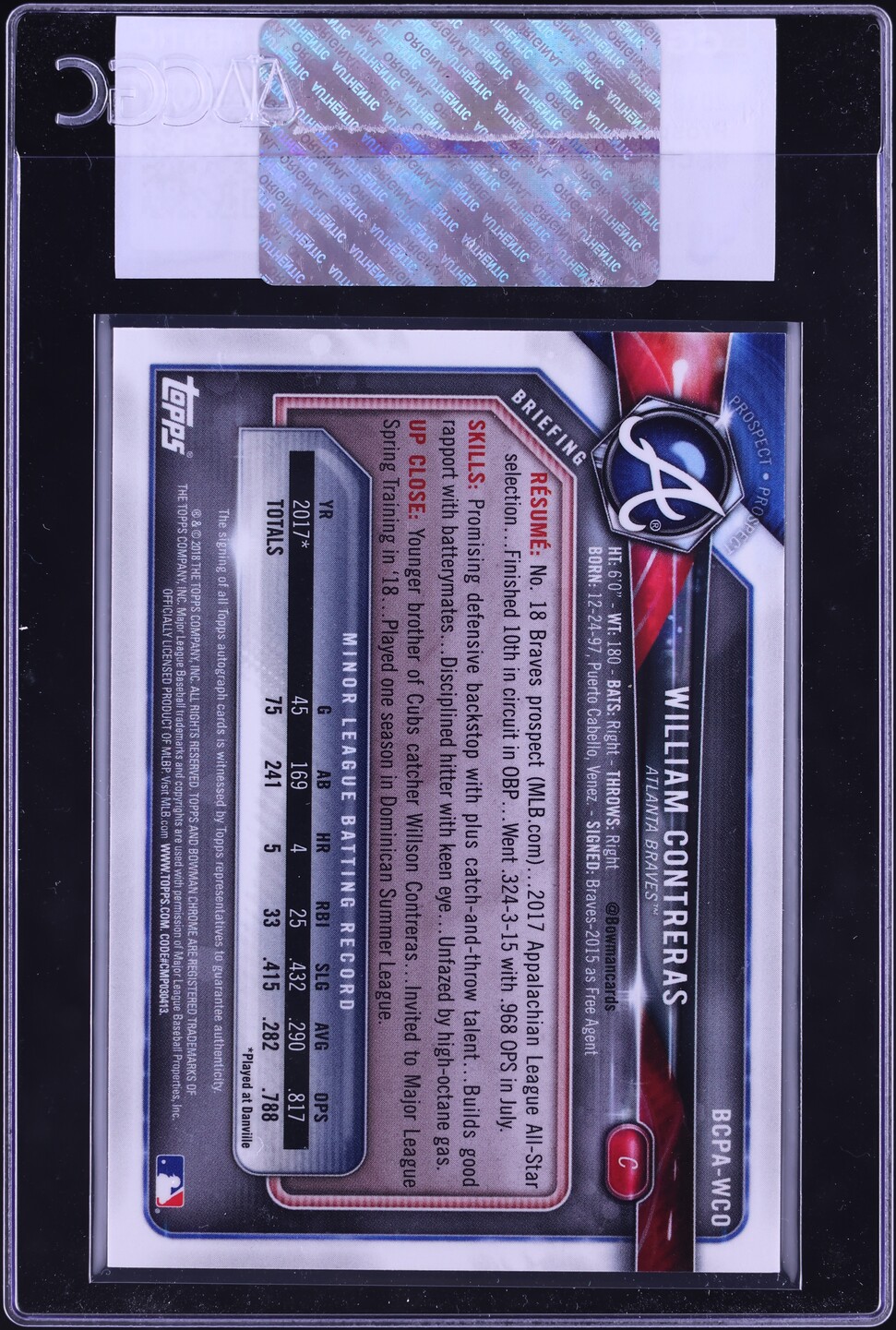2018 Bowman Chrome William Contreras PROSPECT AUTO #BCPA-WCO CGC AUTH