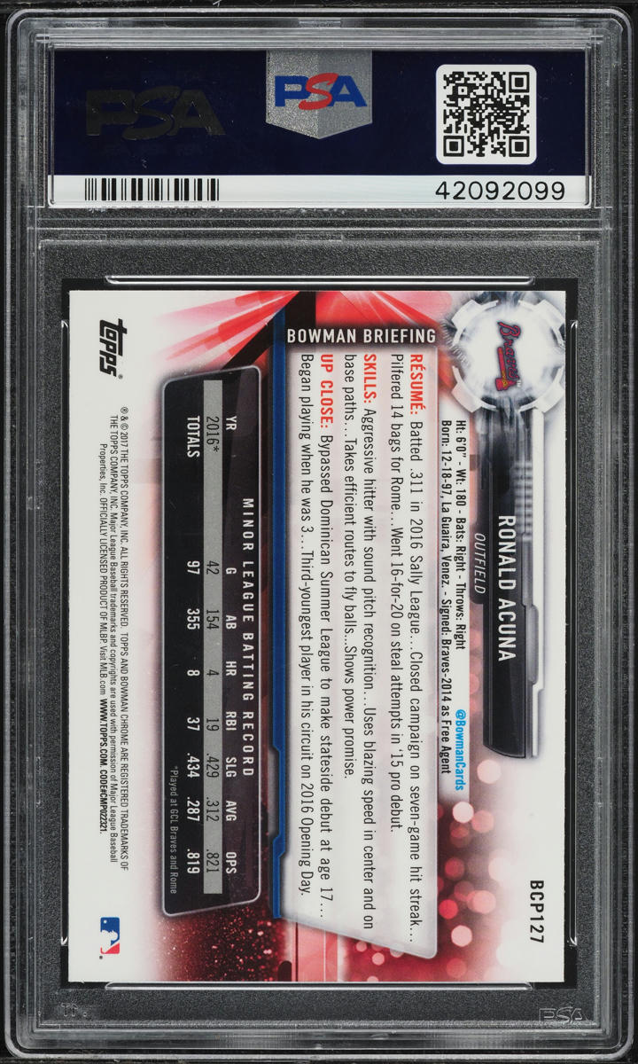 2017 Bowman Chrome Ronald Acuna Jr. PROSPECT #BCP127 PSA 10 GEM MINT