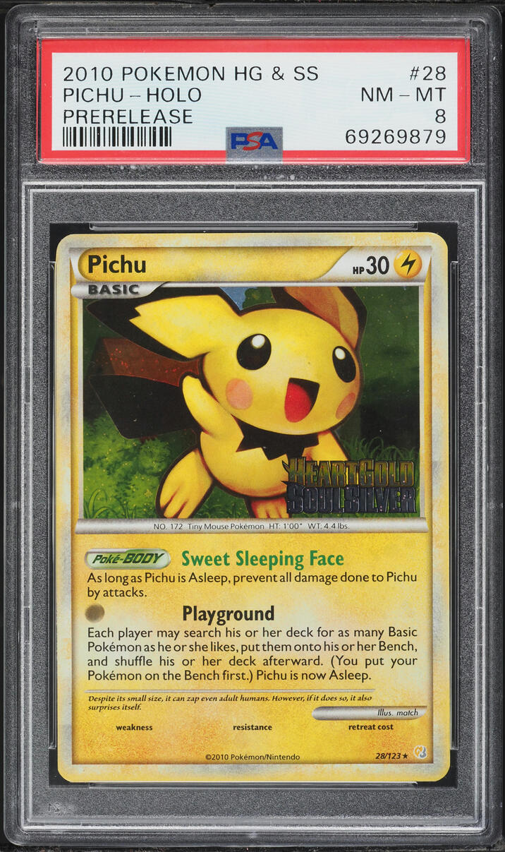 2010 Pokemon HeartGold & SoulSilver Prerelease Holo Pichu #28 PSA 8 NM-MT