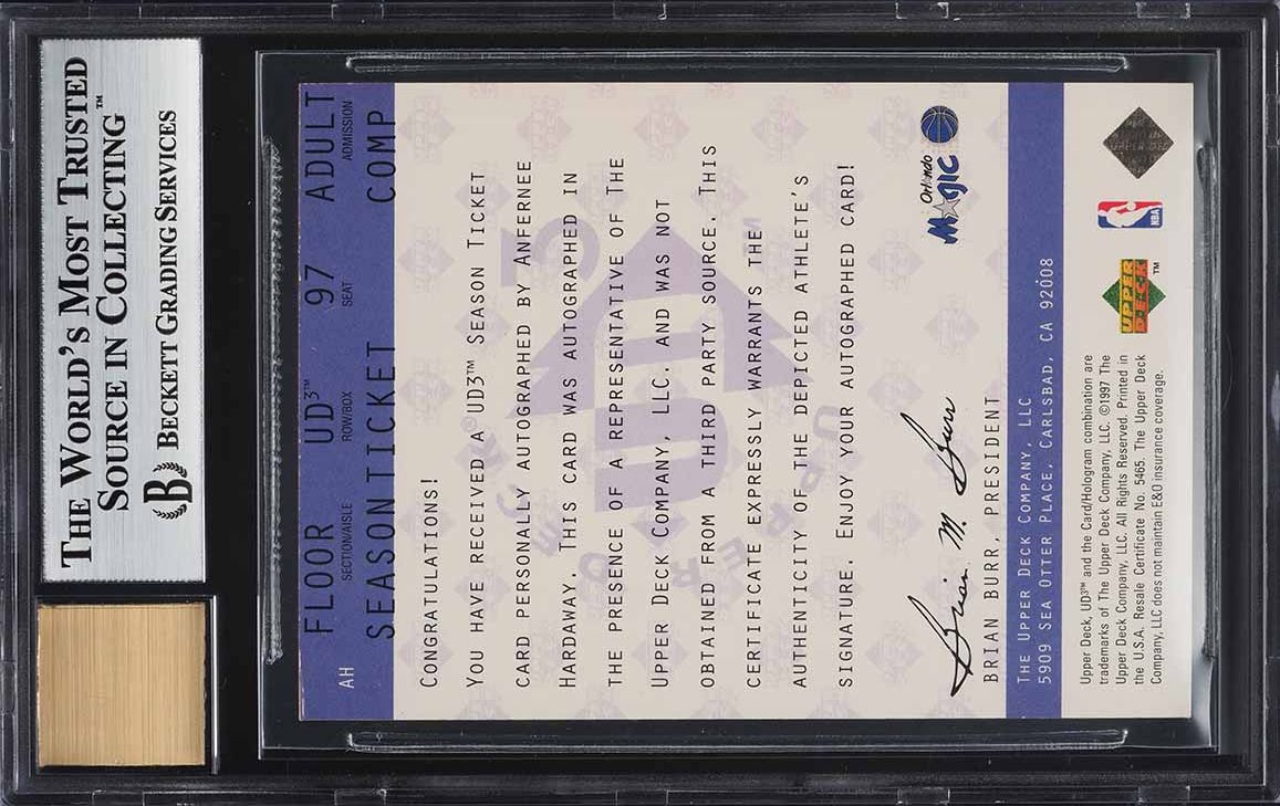 1997 UD3 Season Ticket Anfernee Hardaway AUTO #AH BGS 8.5 NM-MT+