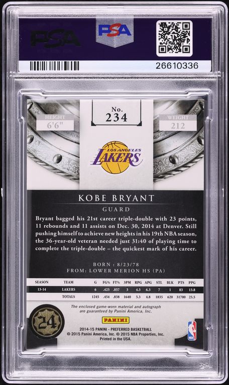 2014 Panini Preferred Silhouettes Prime Kobe Bryant PATCH AUTO DNA 10 /25 PSA 10