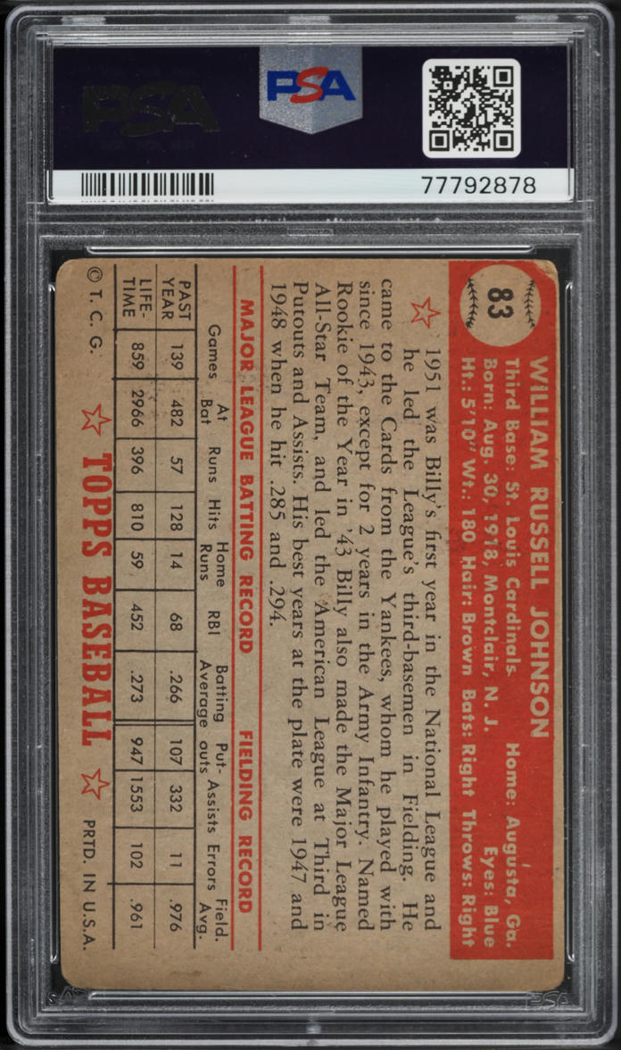 1952 Topps Billy Johnson #83 PSA 2 GD