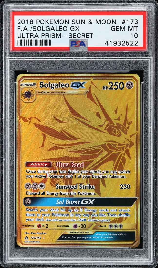 2018 Pokemon Sun & Moon Ultra Prism Gold Rare Solgaleo GX #173 PSA 10 GEM MINT