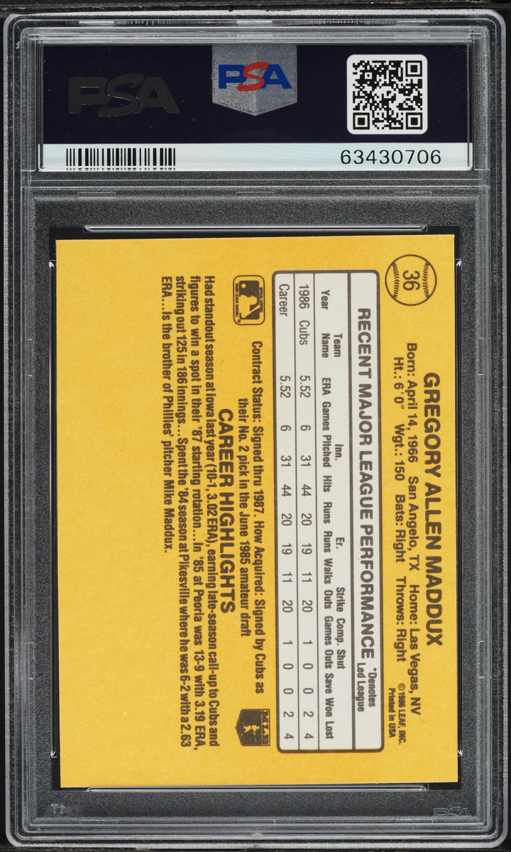 1987 Leaf Greg Maddux ROOKIE #36 PSA 9 MINT