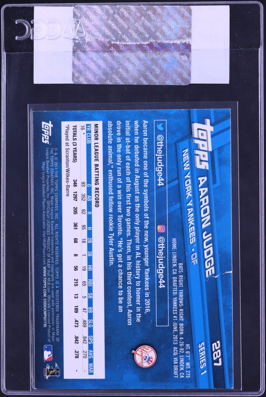 2017 Topps Aaron Judge ROOKIE #287 CGC AUTH