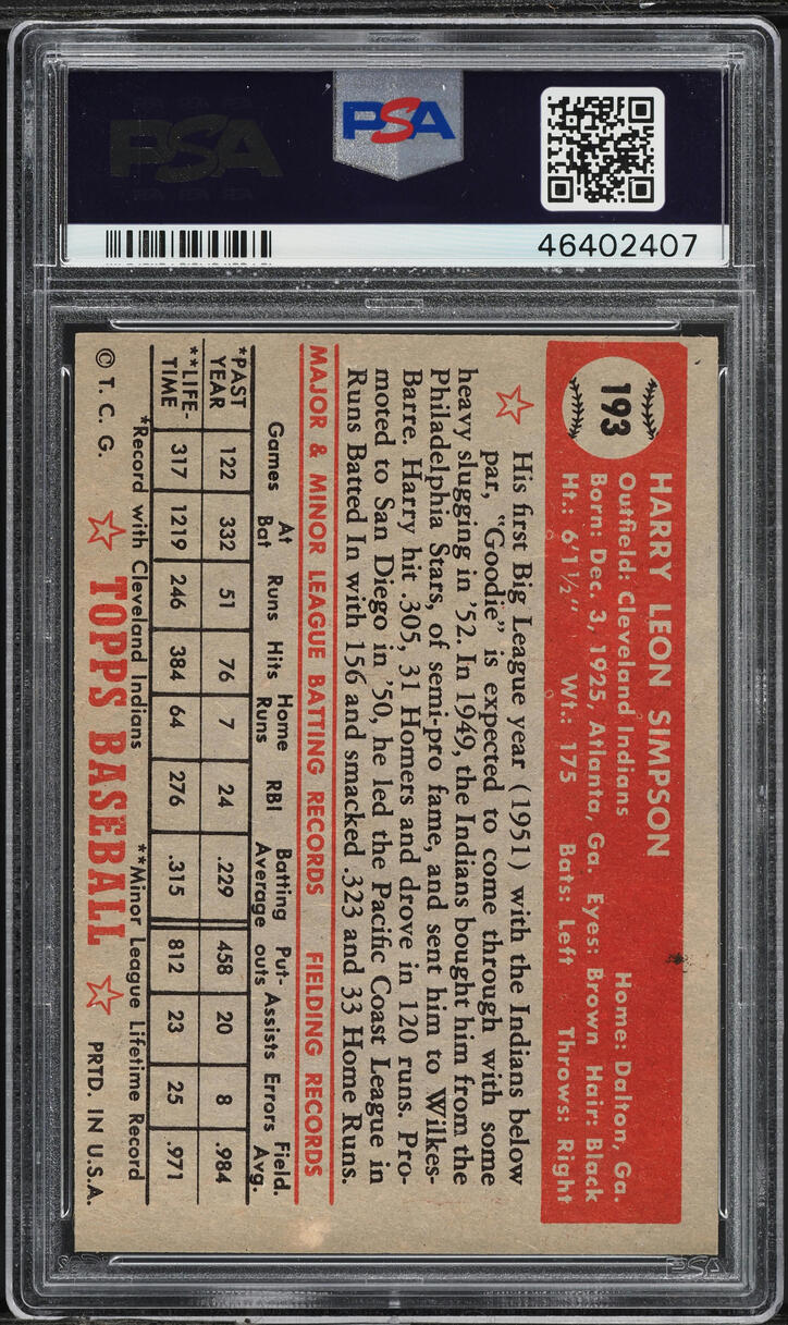 1952 Topps Harry Simpson #193 PSA 7 NRMT
