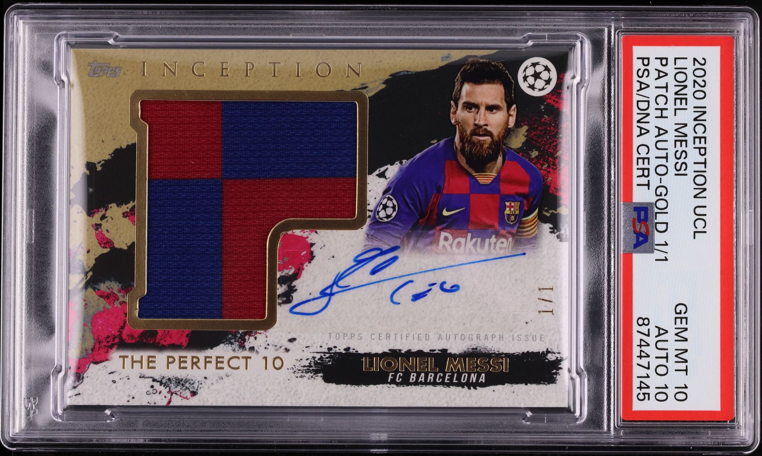 2020 Topps Inception UEFA Gold Lionel Messi PATCH AUTO DNA 10 1/1 PSA 10 GEM