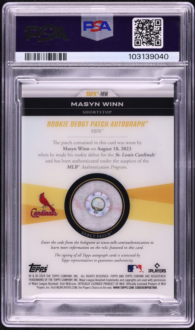 2024 Topps Chrome Update Masyn Winn ROOKIE MLB DEBUT PATCH AUTO 1/1 PSA 10 GEM