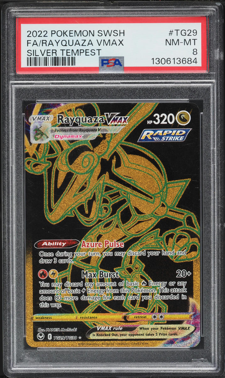 2022 Pokemon Sword & Shield Silver Tempest Gold Rare Rayquaza VMAX #TG29 PSA 8 NM-MT