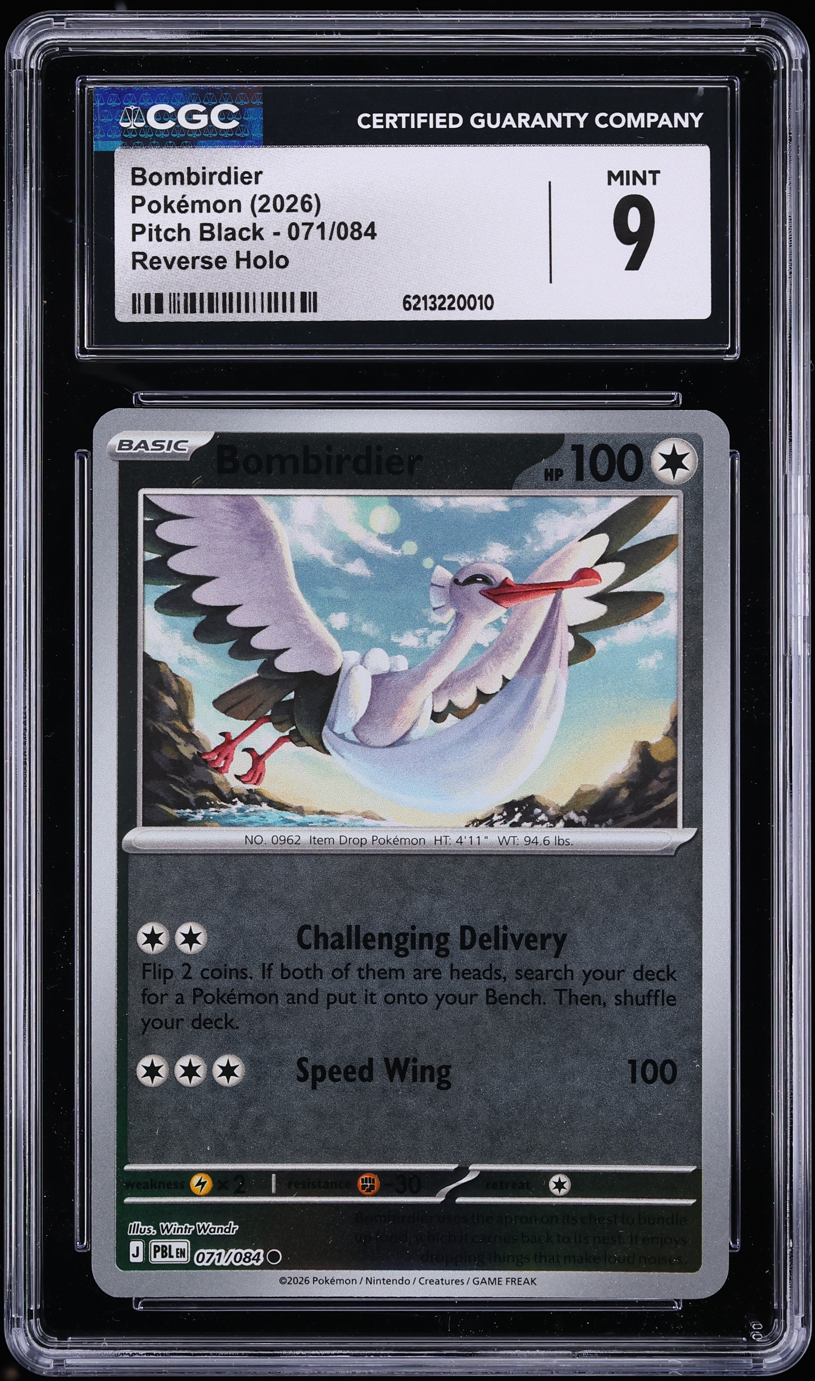 2026 Pokemon Mega Evolution Pitch Black Reverse Holo Bombirdier #071 CGC 9 MINT