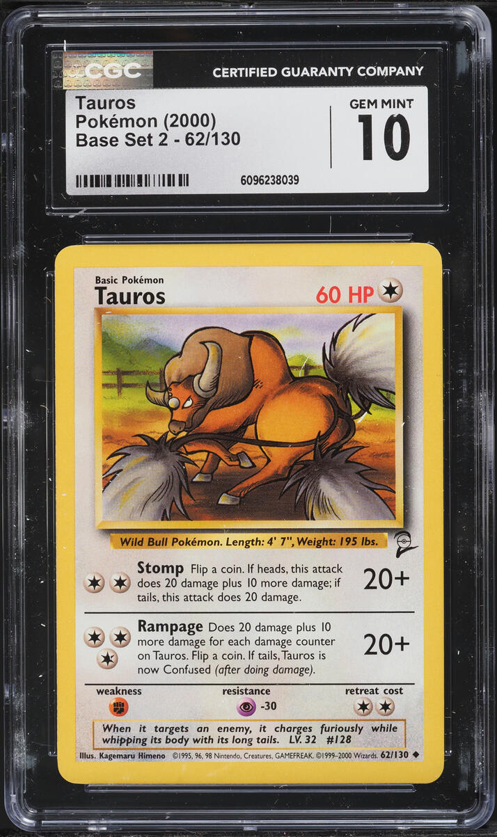 2000 Pokemon Base Set 2 Tauros #62 CGC 10 GEM MINT