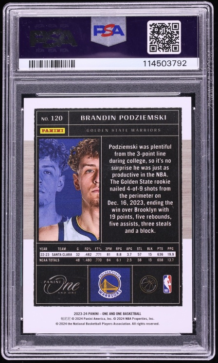 2023 Panini One And One Brandin Podziemski ROOKIE /99 #120 PSA 10 GEM MINT