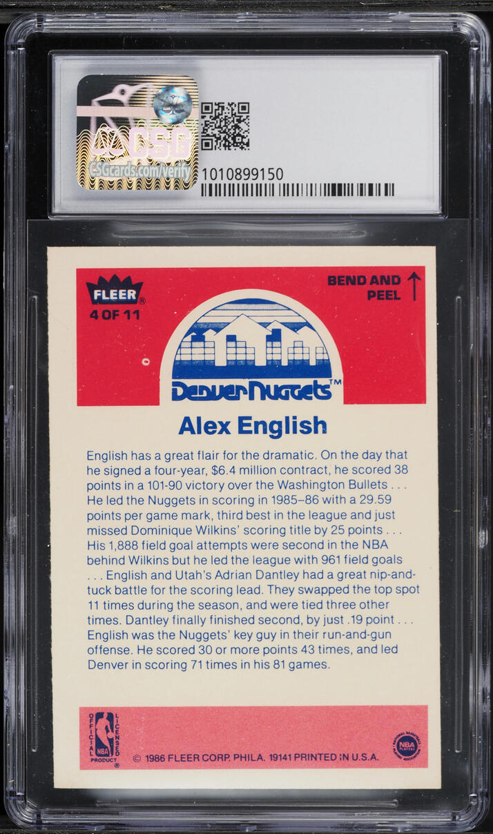 1986 Fleer Sticker Alex English #4 CSG 7 NRMT
