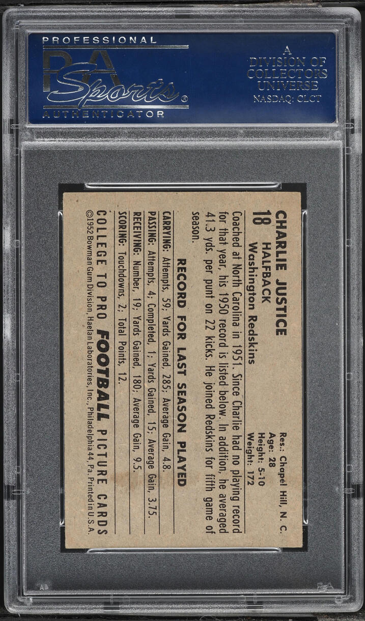 1952 Bowman Small Charlie Justice #18 PSA 7 NRMT