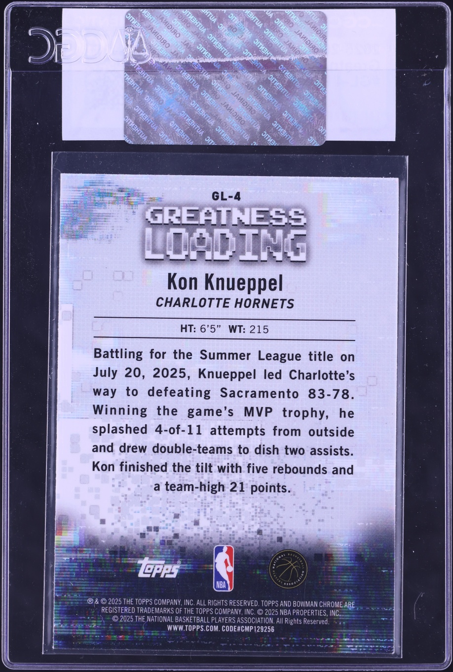 2025 Bowman Chrome Greatness Loading Kon Knueppel ROOKIE #GL-4 CGC AUTH