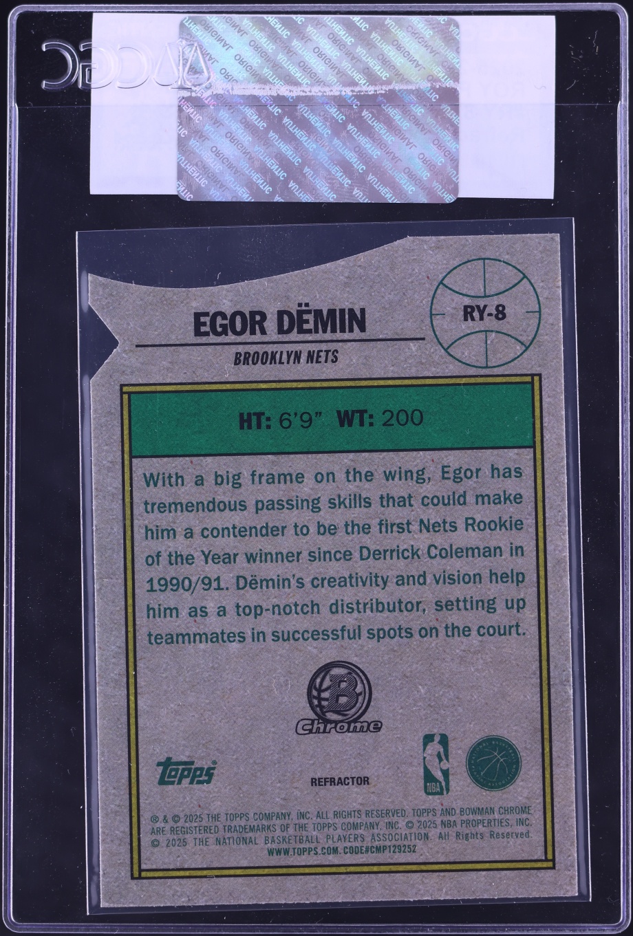 2025 Bowman Chrome ROY Favorites Refractor Egor Demin ROOKIE #RY-8 CGC AUTH