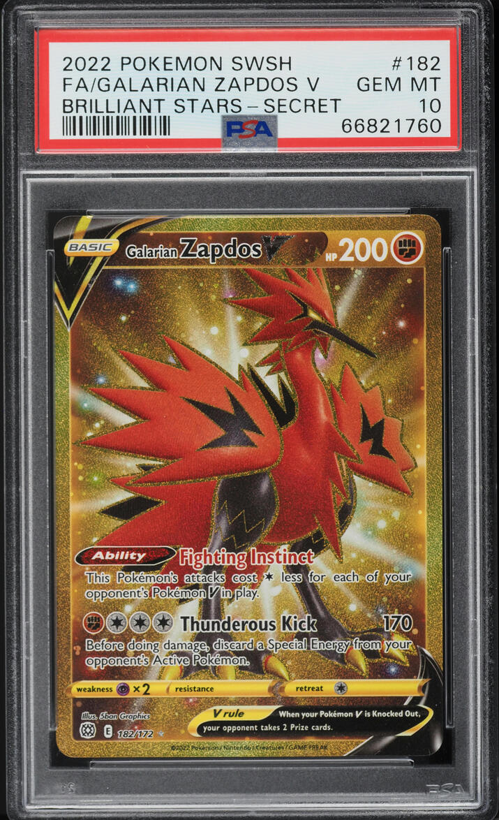 2022 Pokemon SWSH Brilliant Stars Hyper Rare Galarian Zapdos V #182 PSA ...